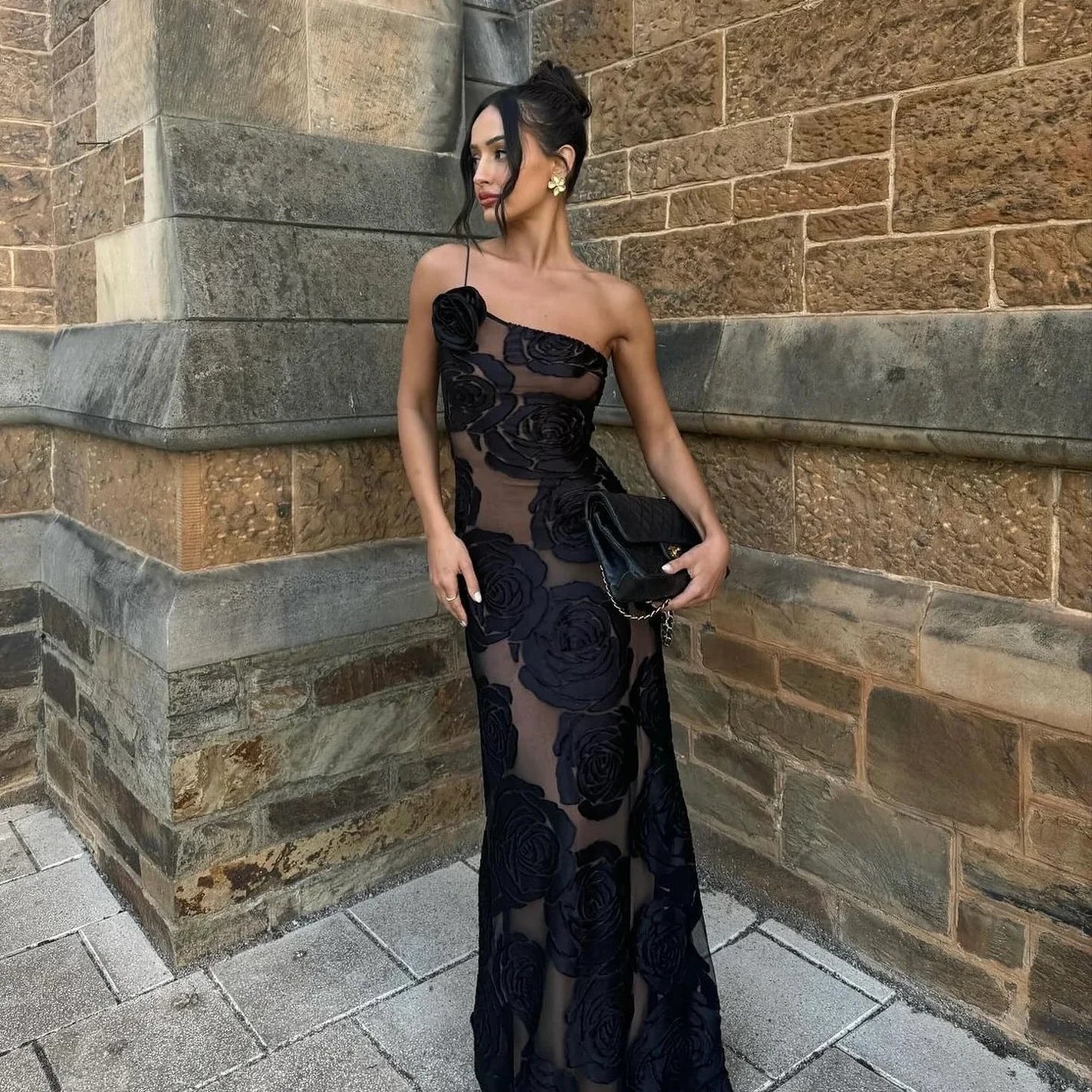 One Shoulder Mesh Flower Floral Dress