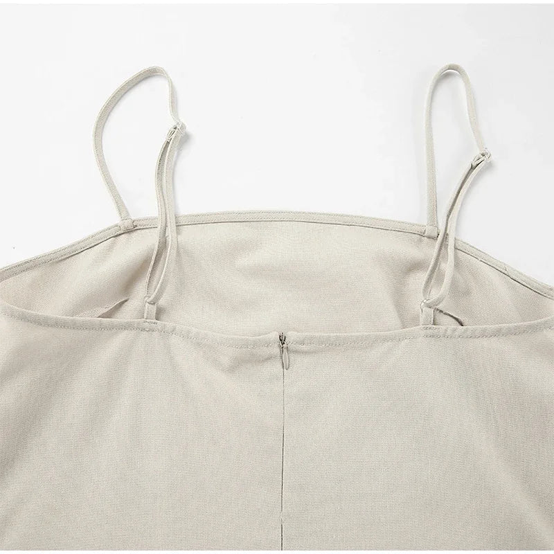 Square Neck Spaghetti Strap Linen Look Flowy Maxi Dress