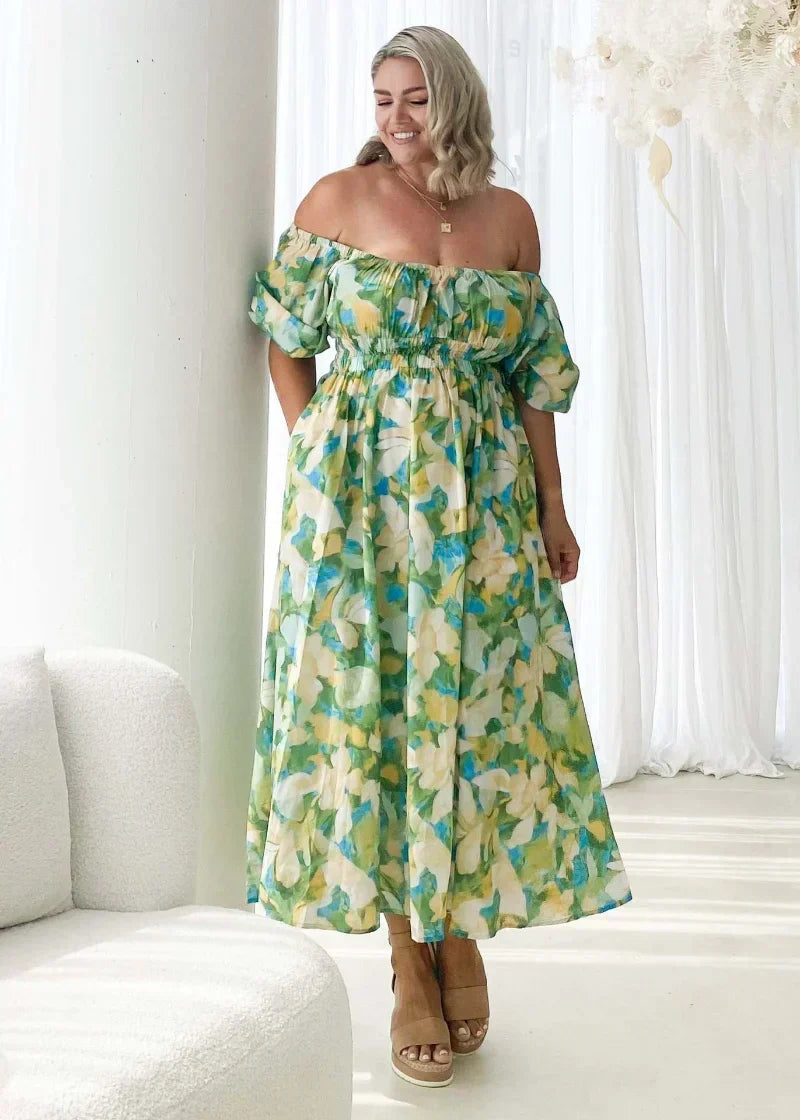 Off Shoulder Puff Sleeve Smocked Waist Abstract Floral Print Midi Dress