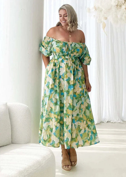 Off Shoulder Puff Sleeve Smocked Waist Floral Print Pocket Midi Dress