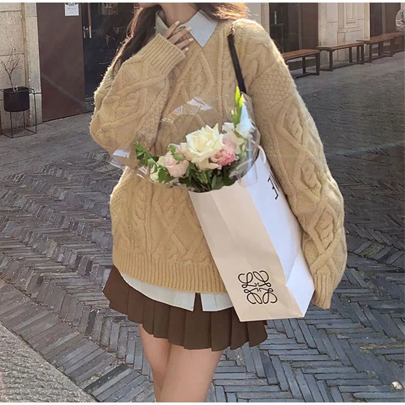 Thick Twisted Sweater Women Autumn Long Sleeve O-neck Female Knitted Pullover Solid Casual Loose Lady Kintwear Tops