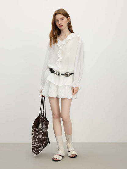 Elegant Ruffle-Sleeve Botanical Blouse