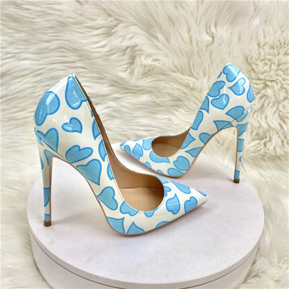 Blue Sweetheart Printed White Pointy Toe High Heel Shoes for Women
