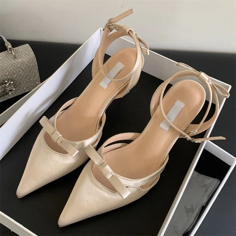 Satin Ankle Buckle Strap Women Pumps with Pointed Toe and Thin Low Heels