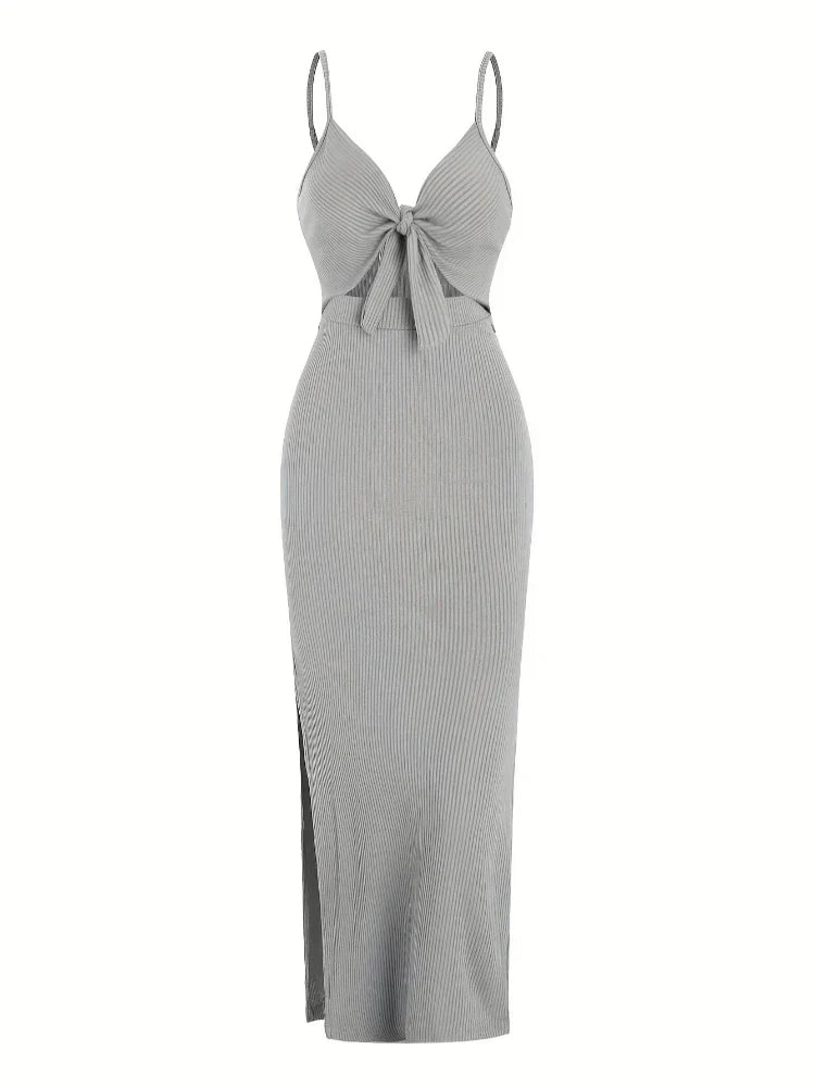 Maribel Tie Front Maxi Dress | Ribbed Slim Fit | Cutout Detail