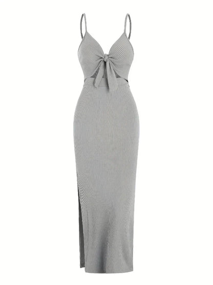 Maribel Tie Front Maxi Dress | Ribbed Slim Fit | Cutout Detail