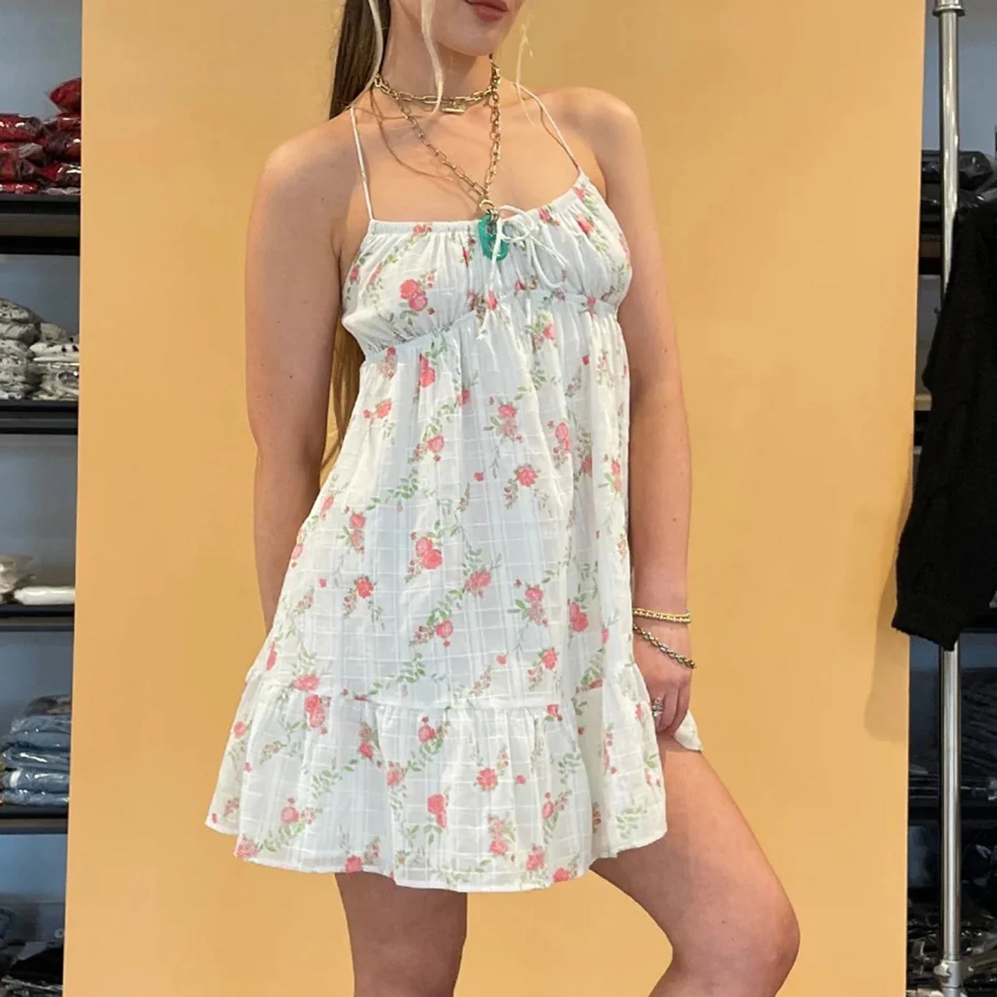 Cross Bandage Floral Mini Vacation Dress