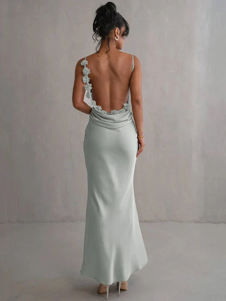 Open Back Cowl Drape Spaghetti Strap Floral Applique Maxi Gown