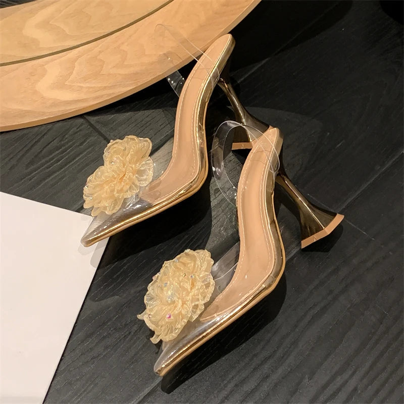 Crystal Flower Designer Women Pumps with Transparent High Heels