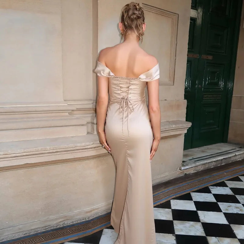 One Shoulder Lace Up Slit Prom Dress