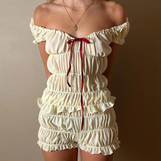 Vintage Ruched Off Shoulder Crop Top Two Piece Shorts Set