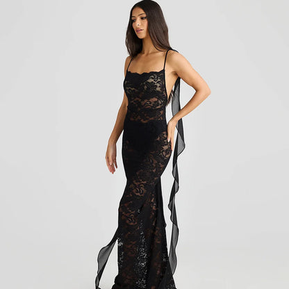 | Backless Lace Mermaid Gown with Chiffon Streamers