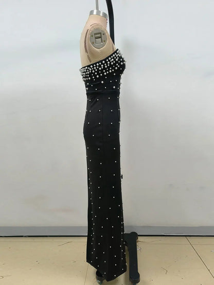 Pearl Design Bandage Strapless Long Dress