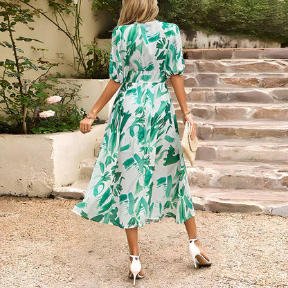 Abstract Floral Print Puff Sleeve Smocked Waist A-Line Midi Dress