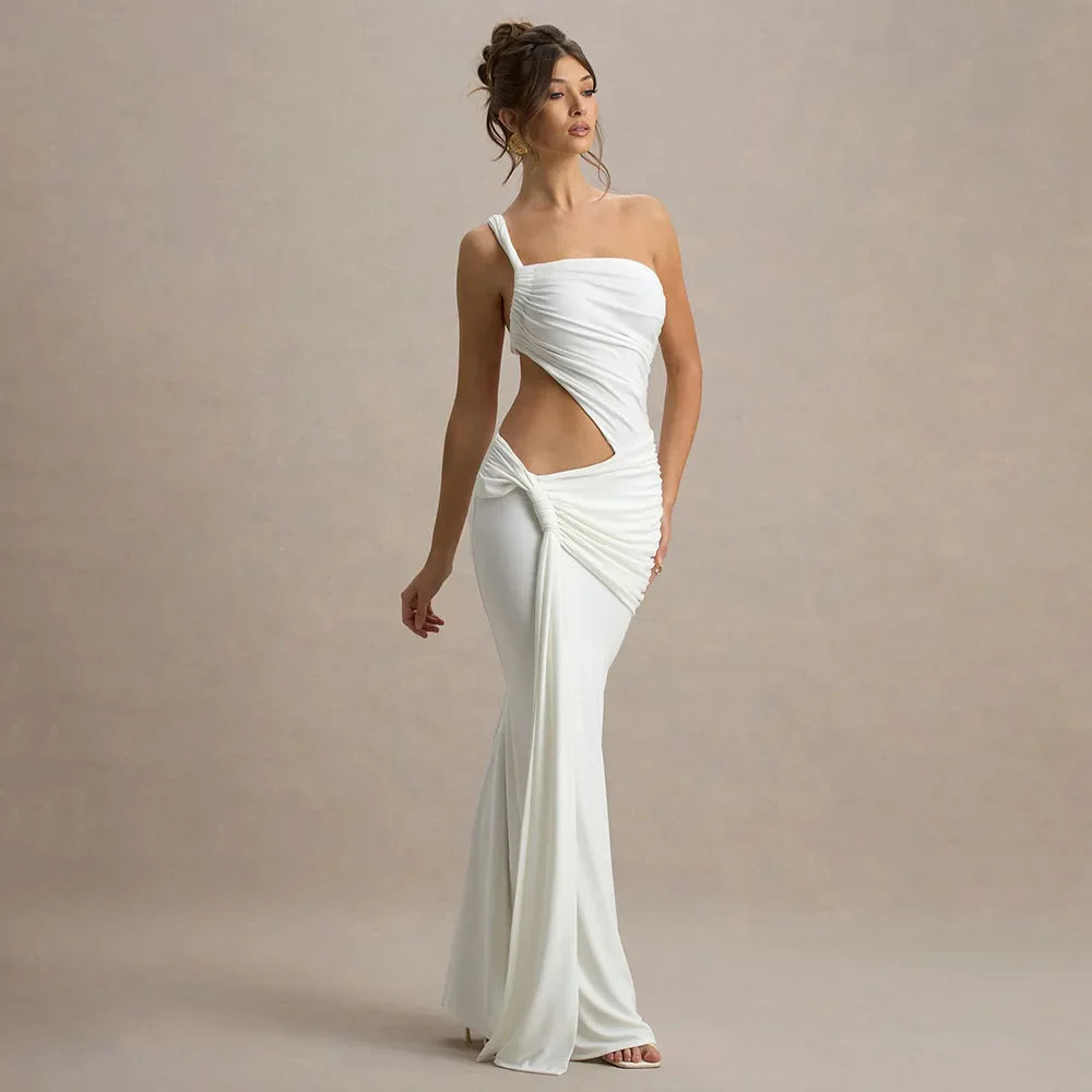 One Shoulder Hollow Sleeveless Casual Ruffled Prom Dress