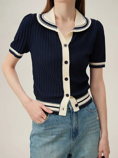 Contrast Polo Collar Summer Knit Cardigan