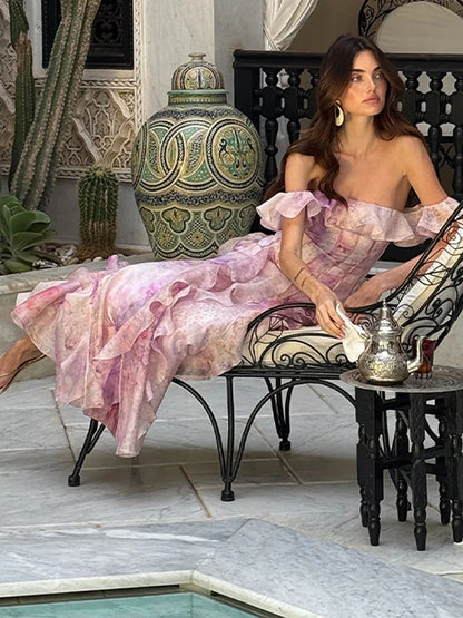 Pleated Off Shoulder Floral Dress