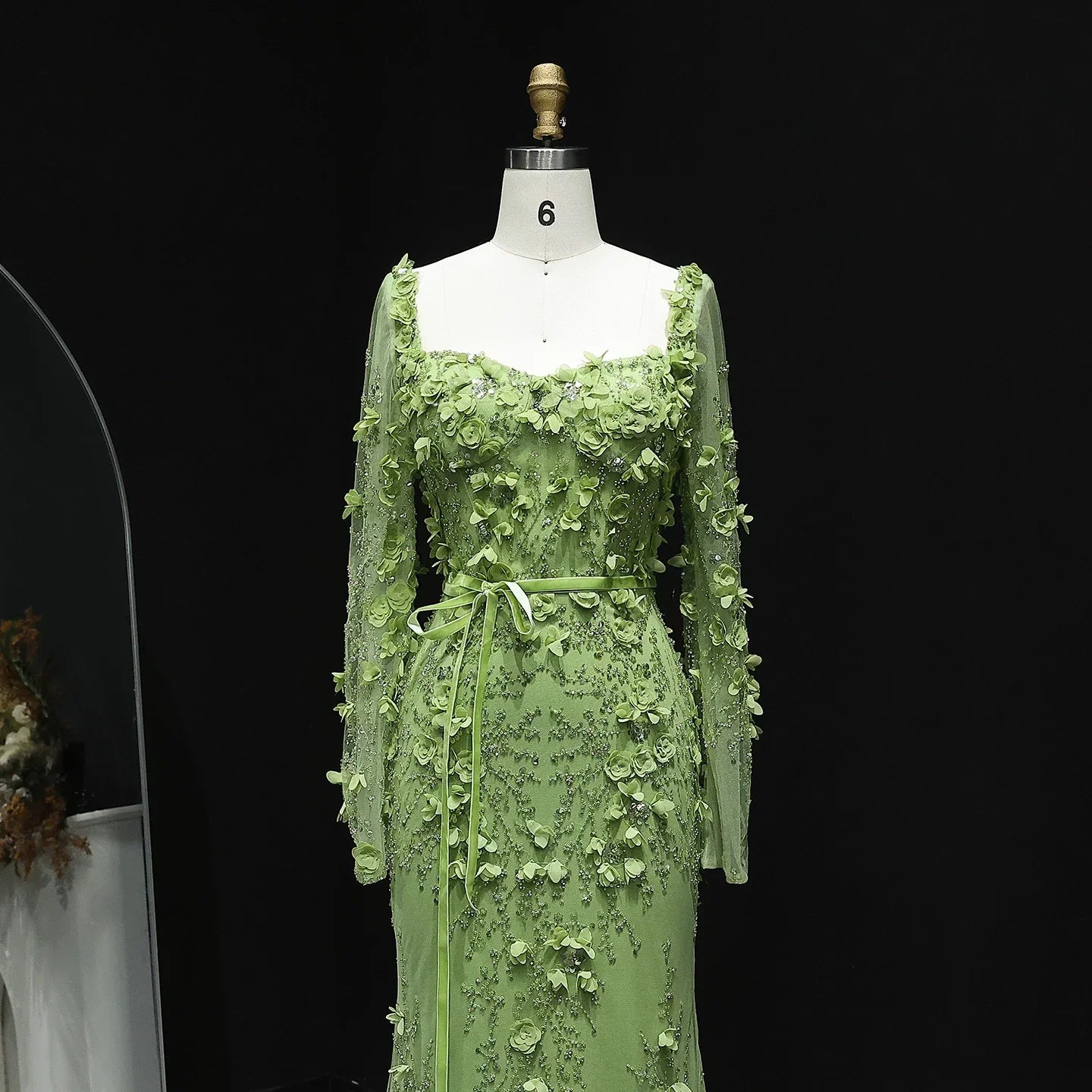 3D Floral Mermaid Evening Dress with Long Sheer Sleeves