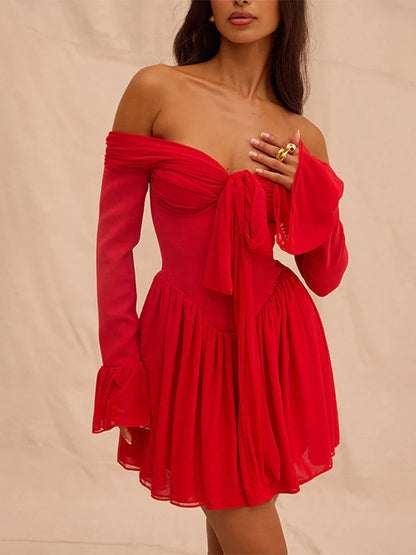 Red Strapless Flare Pleated Bodycon Dress