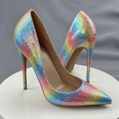 Colorful Rainbow Stiletto Pumps Women Sexy Pointed Toe 12cm High Heels