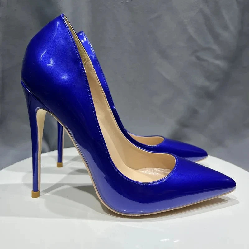 Blue Patent Leather Pointy Toe High Heel Shoes for Women