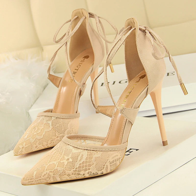 Cross Straps Women Sandals Mesh Lace High Heels Stiletto Party Shoes