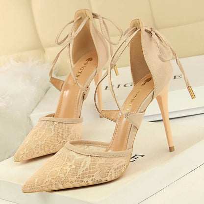 Cross Straps Women Sandals Mesh Lace High Heels Stiletto Party Shoes