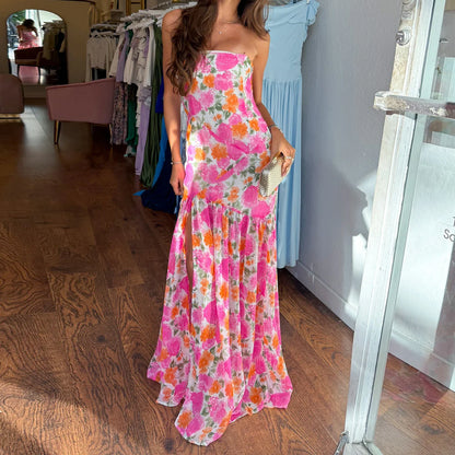 Ruffled Hem Floral Bandeau Vacation Dress