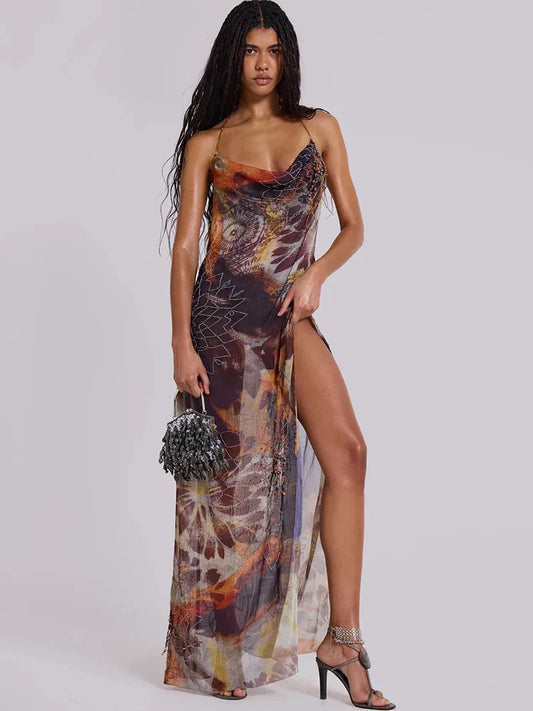 Aesthetic Print Mesh Split Maxi Dress