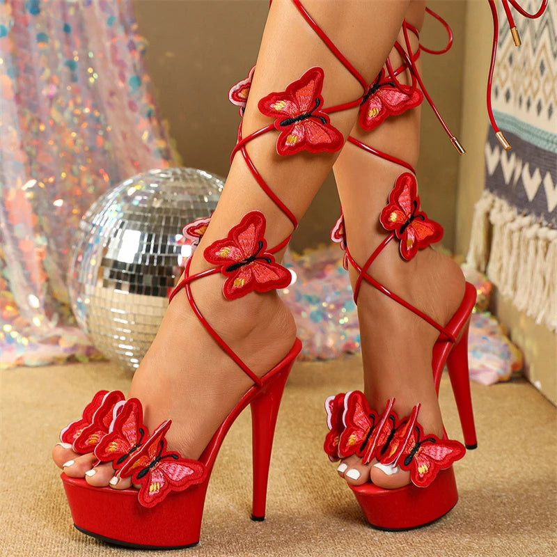 Butterfly Cross Embroidery High Heels Platform Sandals for Women