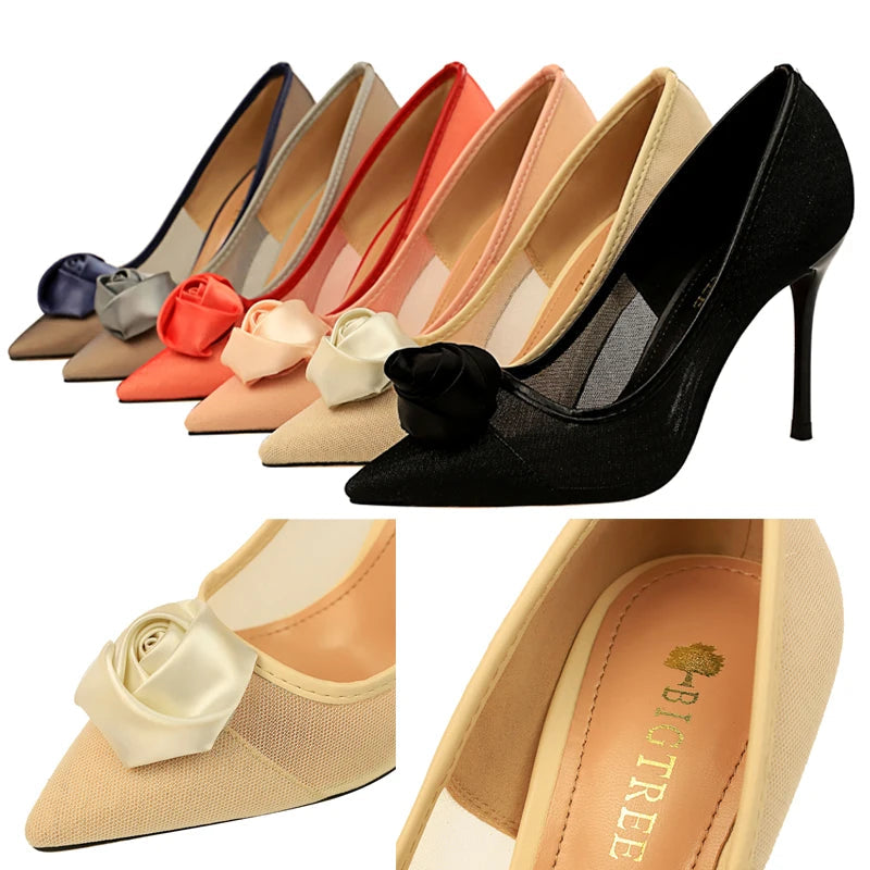 Sexy Party Rose Flower Woman Pumps with Mesh Hollow High Heels