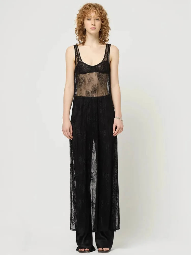 See Through Lace Hollow Out U Neck Sleeveless Vacation Dress