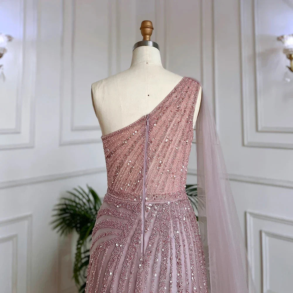 One-Shoulder Cape Sleeve Beaded Evening Dresses