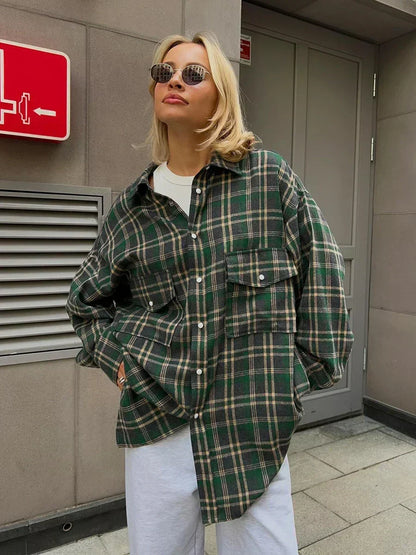 Women's Vintage Checked Flannel Shirt – Loose Fit Long Sleeve Top