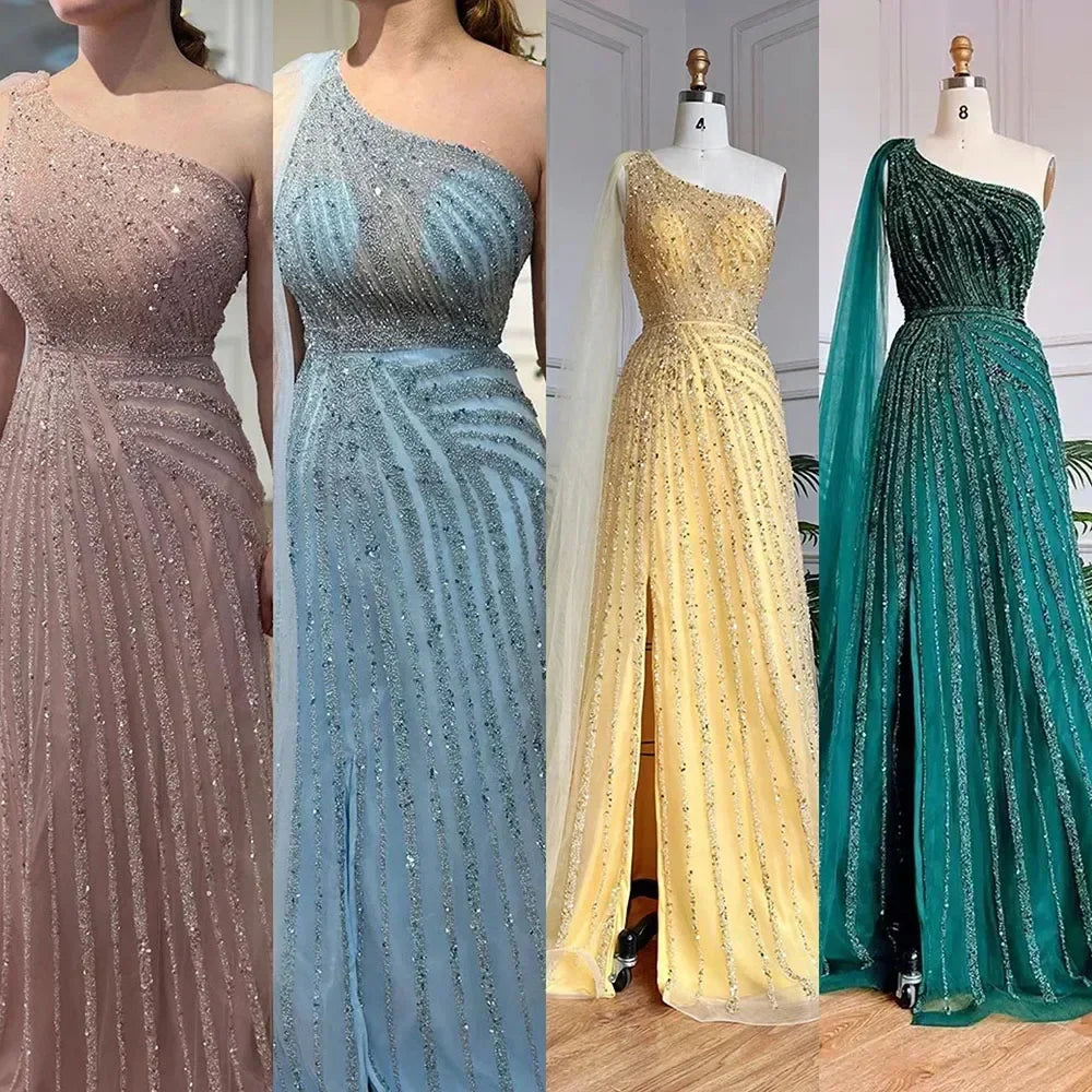 One-Shoulder Cape Sleeve Beaded Evening Dresses