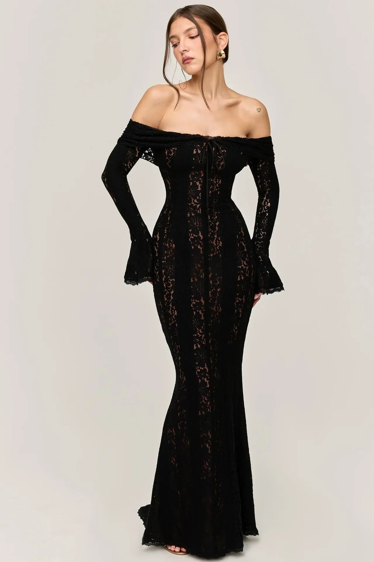 Lace Up Flared Sleeve Maxi Dress