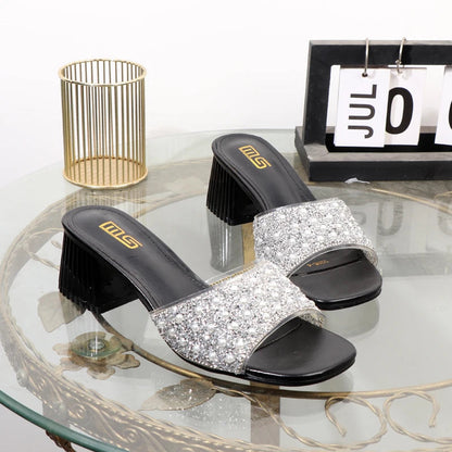 Rhinestone Slippers - Summer Fashion with Thick High Heel for Women