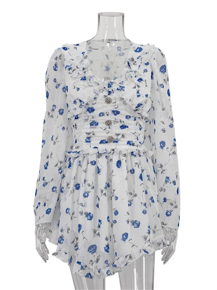 Floral Print Ruffle Collar Button Front Ruched Waist Mini Dress