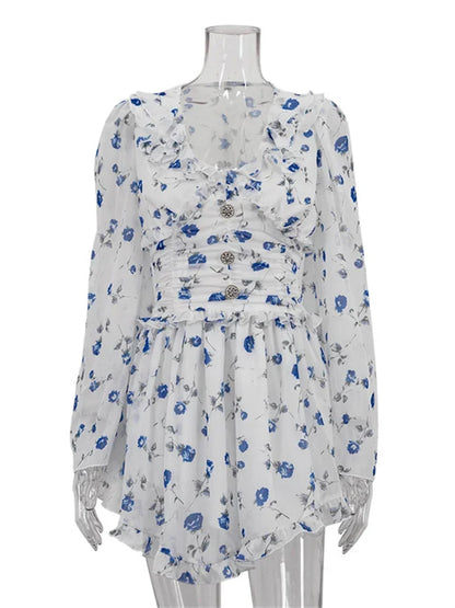 Floral Print Ruffle Collar Button Front Ruched Waist Mini Dress