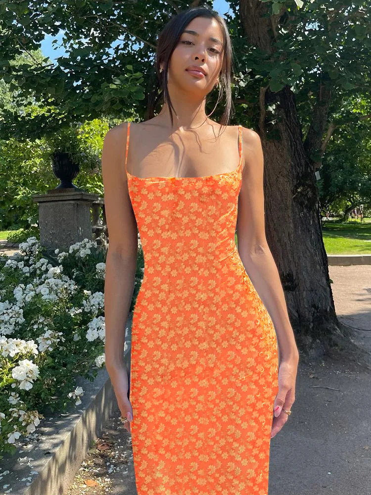 Floral Strap Backless Bodycon Midi Dress