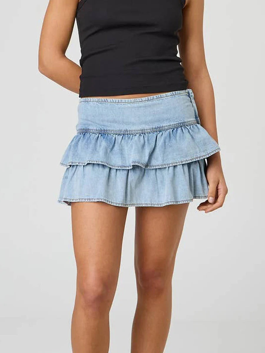 Denim Wash Ruffle A-line Mini Skirt
