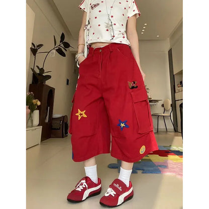 Heart Print Red Denim Calf Pant