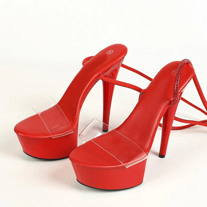 Red Crystal Rhinestone Ankle Strap Transparent Platform Sandals for Women