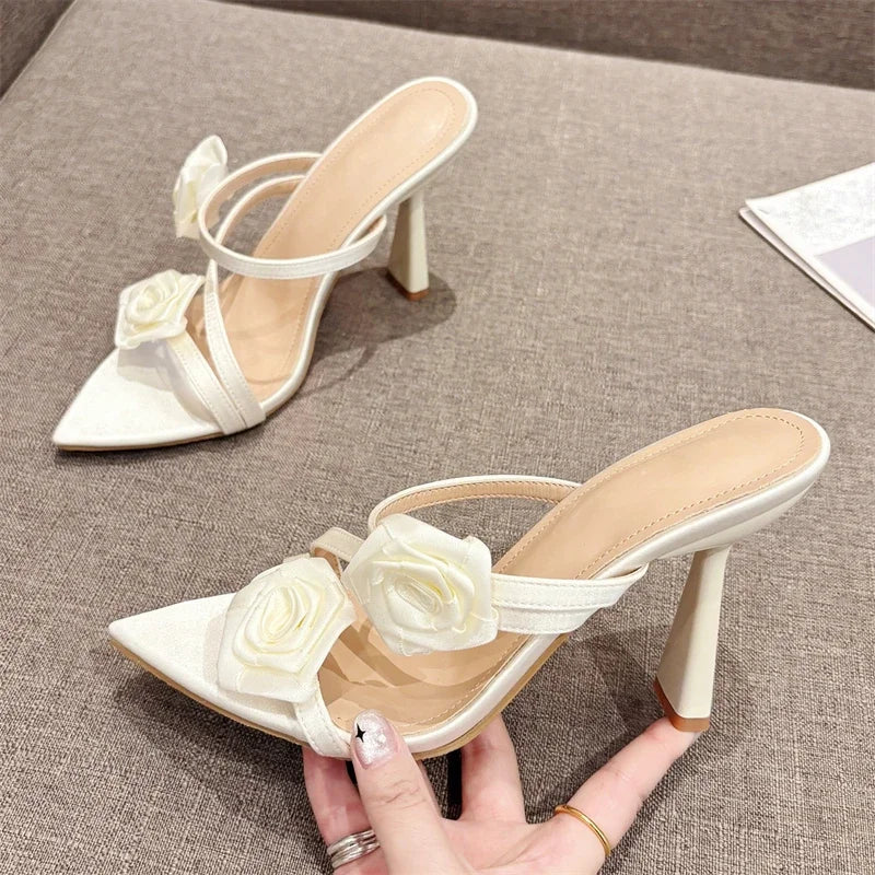 Candy Color Flower Pointed Toe Thin Heel Slippers for Women