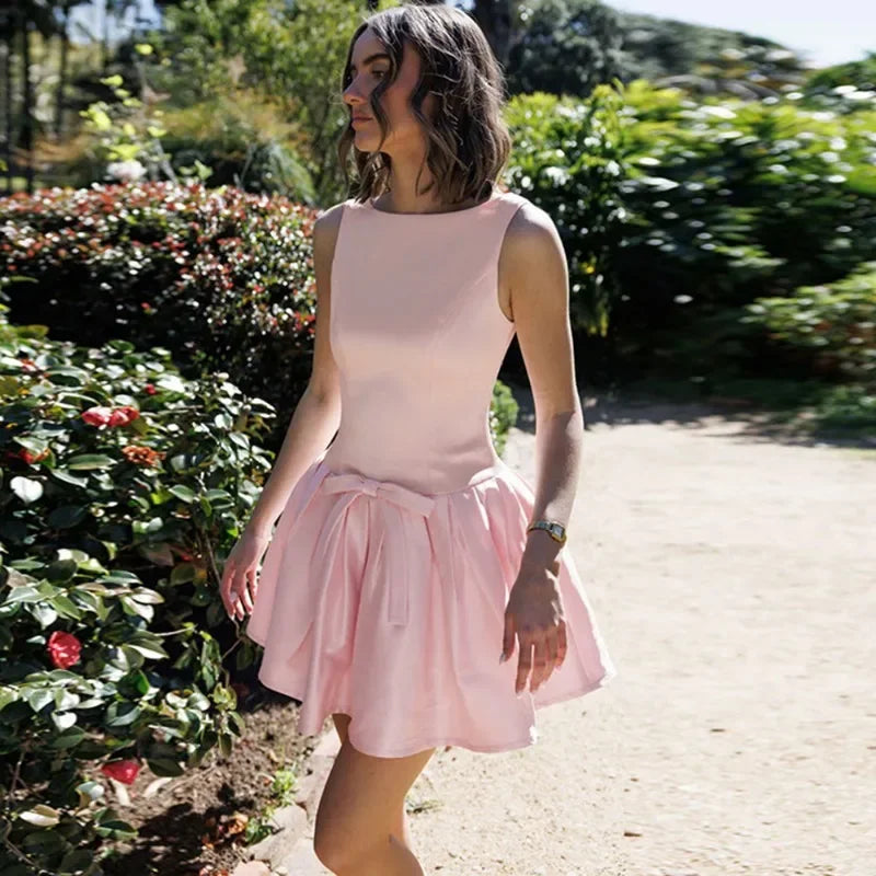 Bow Backless Pleated Slim Mini Dress