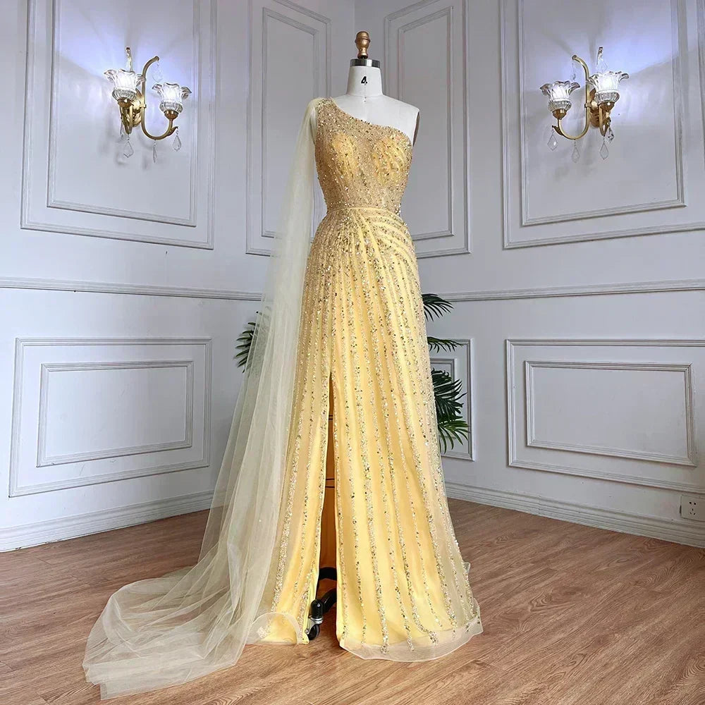 One-Shoulder Cape Sleeve Beaded Evening Dresses
