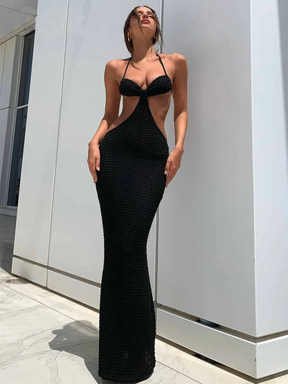 Hollow Patchwork Lace-Up Maxi Dress