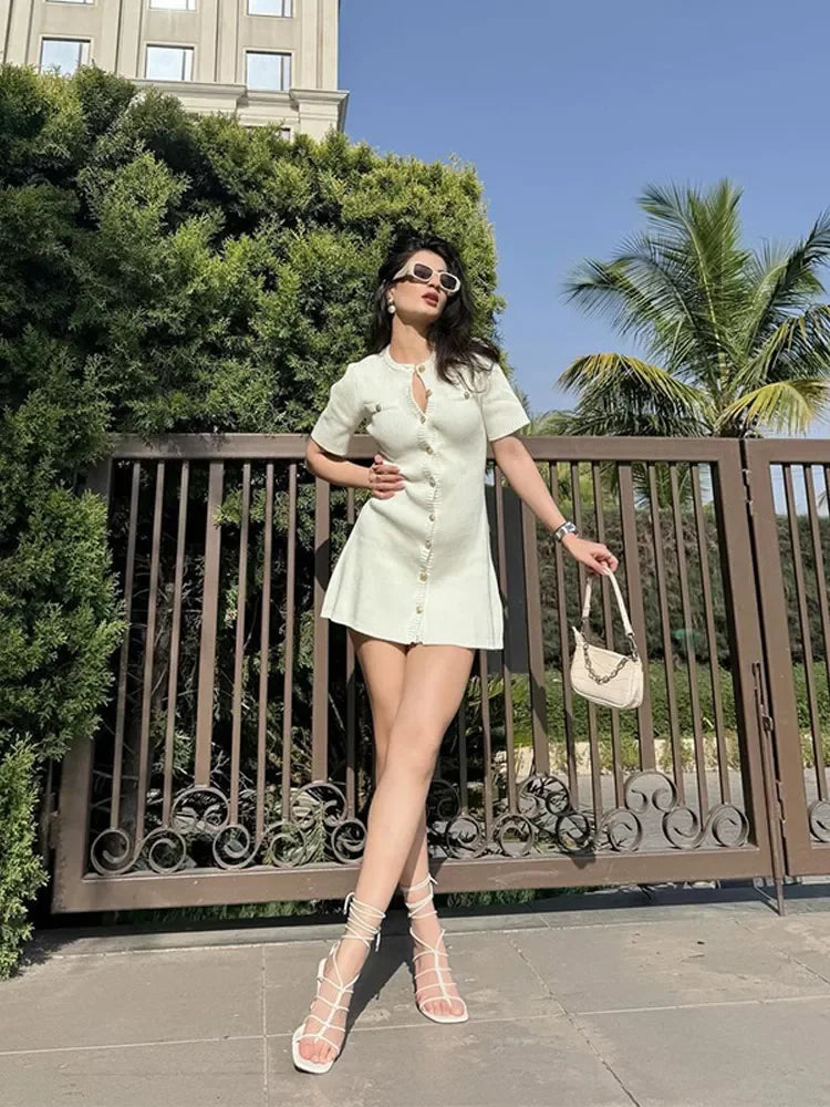 Knit Button Front Patch Pocket Short Sleeve A-Line Mini Dress