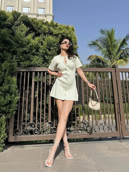 Knit Button Front Patch Pocket Short Sleeve A-Line Mini Dress