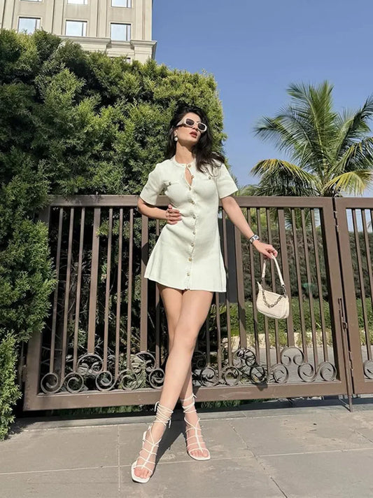 Knit Button Front Patch Pocket Short Sleeve A-Line Mini Dress